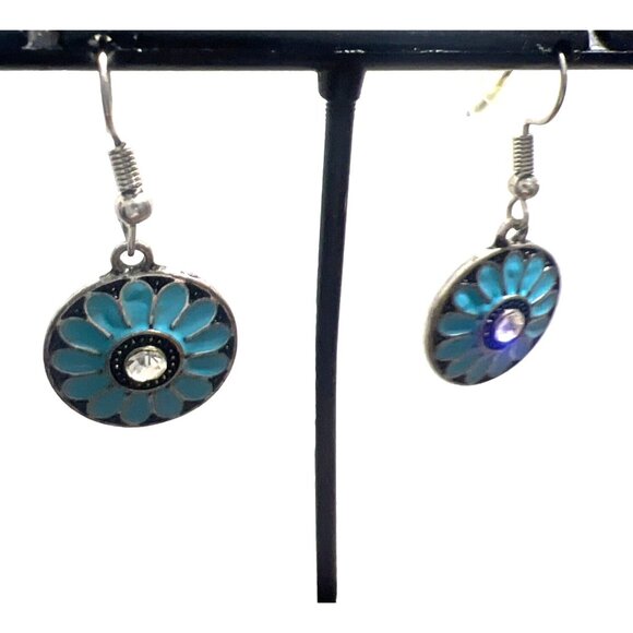 Vintage Pierced Earrings Blue Drop Dangle Crystal Floral Enamel Silver Tone - Picture 4 of 6